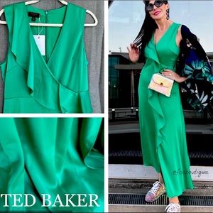 TED BAKER 8-10 size US = TB size 3. Ruffle Detail Stretch Satin Midi Dress